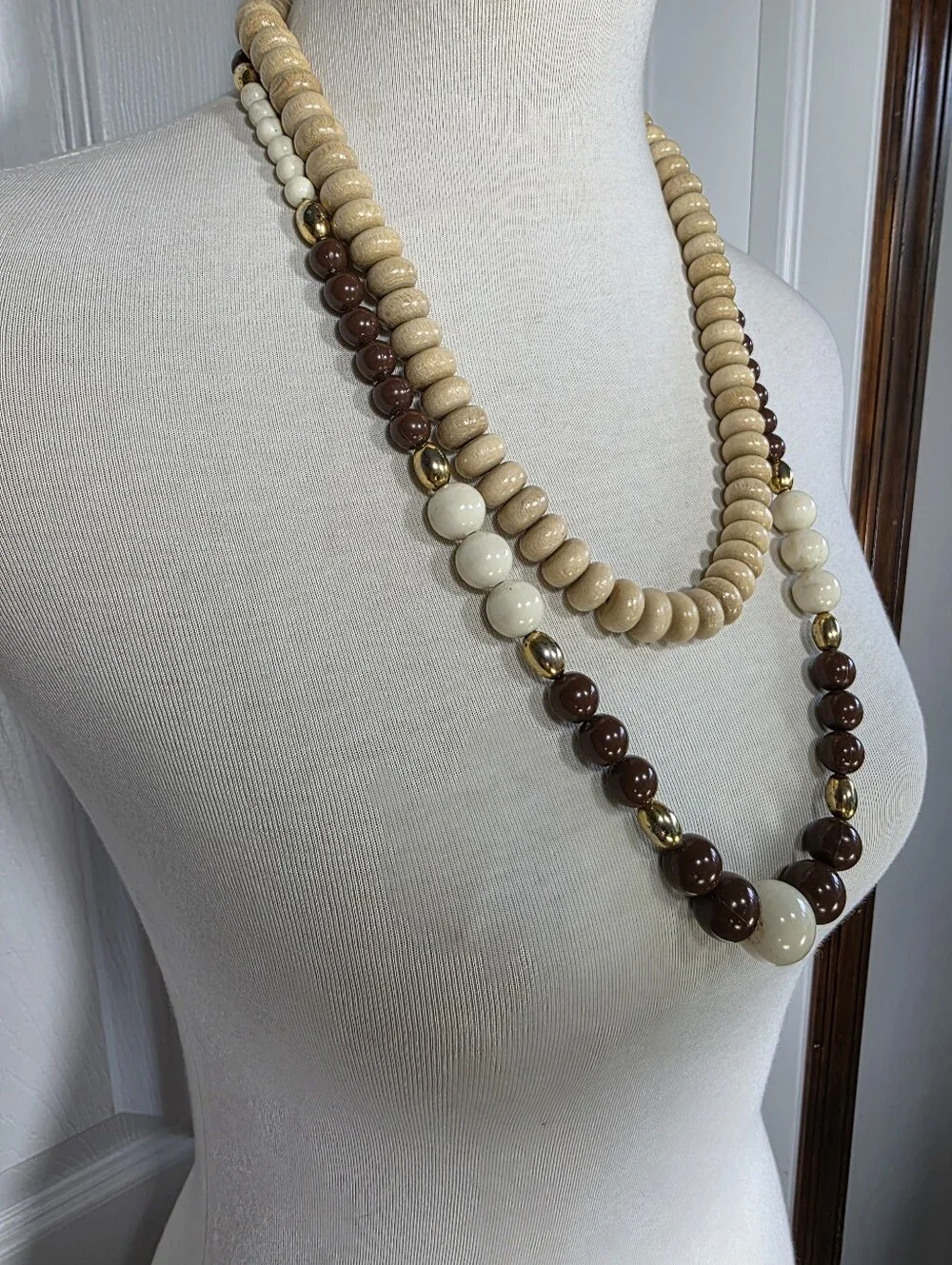 Vintage Neutral Beige and Brown Beaded Necklaces Set Of Two Necklaces